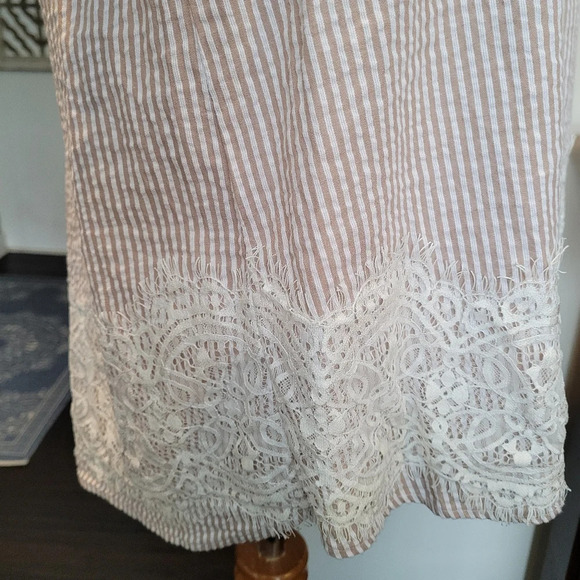 Zac and Rachel Striped Lace Boho Modest Tan White Feminine Blouse Large - Picture 5 of 9